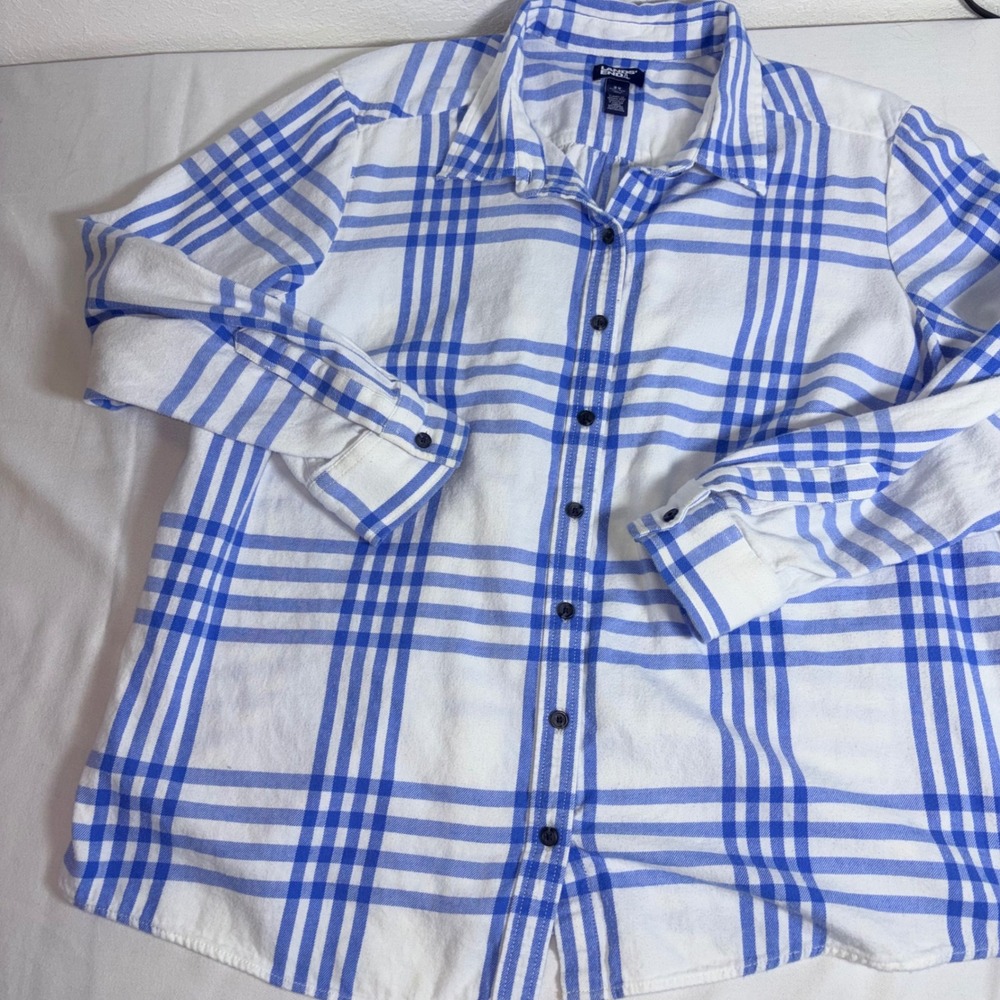 Lands End Flannel Shirt 2X Blue White Excellent Plaid Button Up Cotton